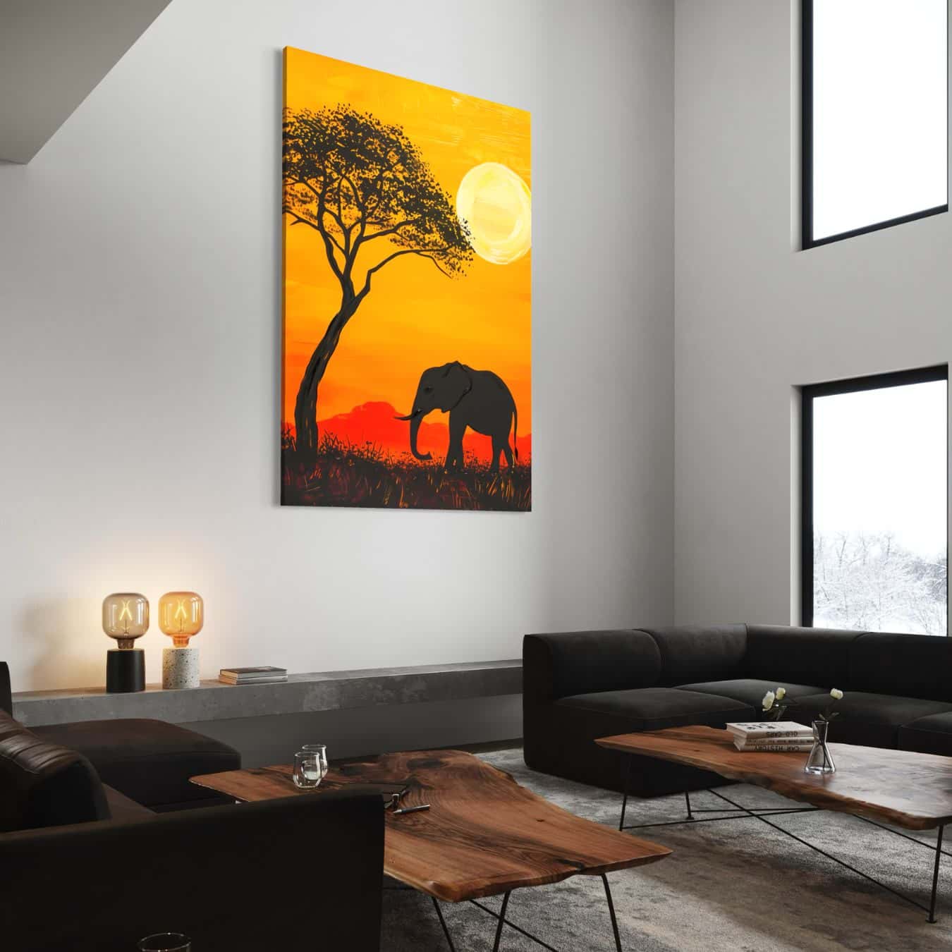 Afrikaans schilderij met olifant en boom in oranje zonlicht in moderne woonkamer