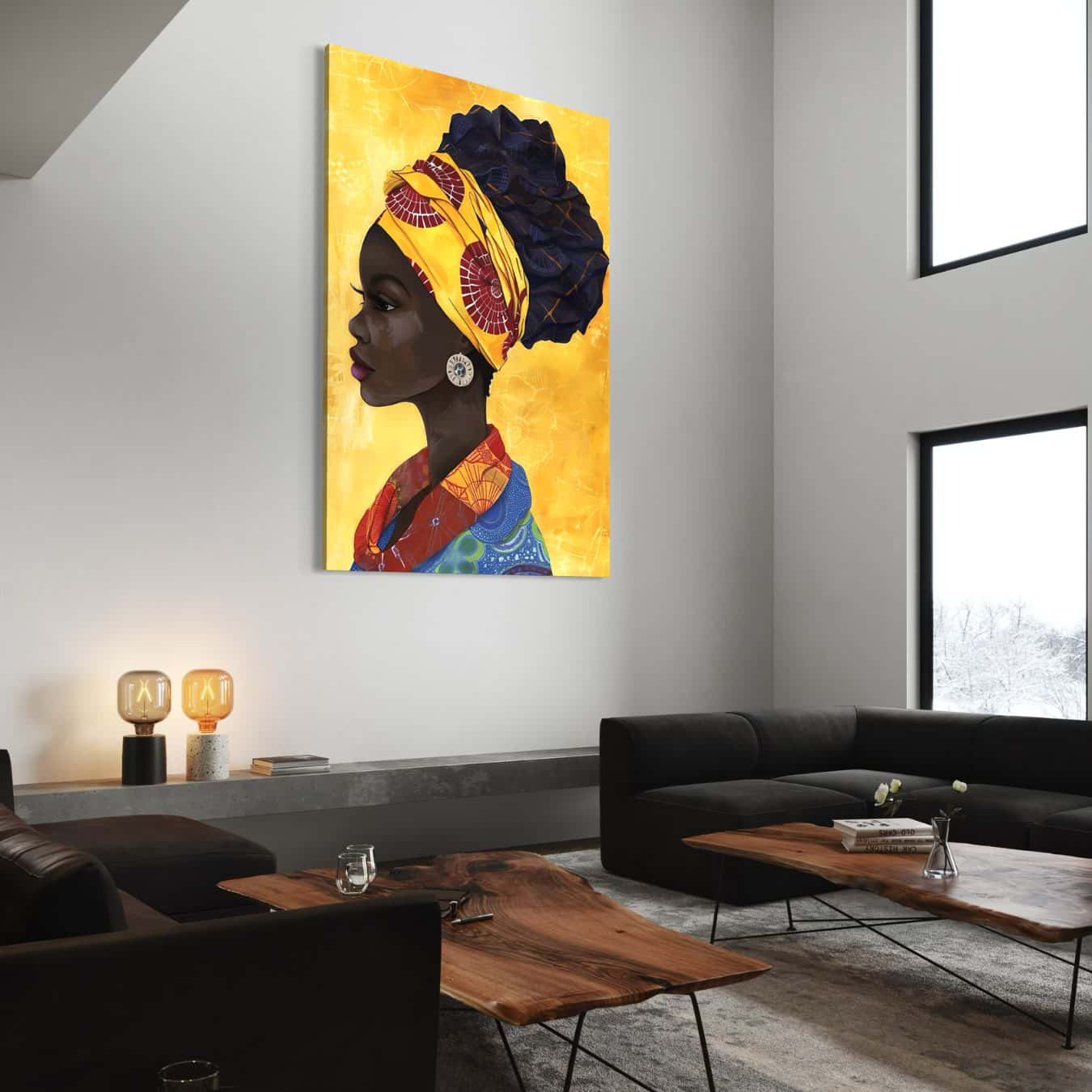 Stijlvol schilderij van vrouw met blauwe hoofddoek en kleurrijke kleding in moderne woonkamer