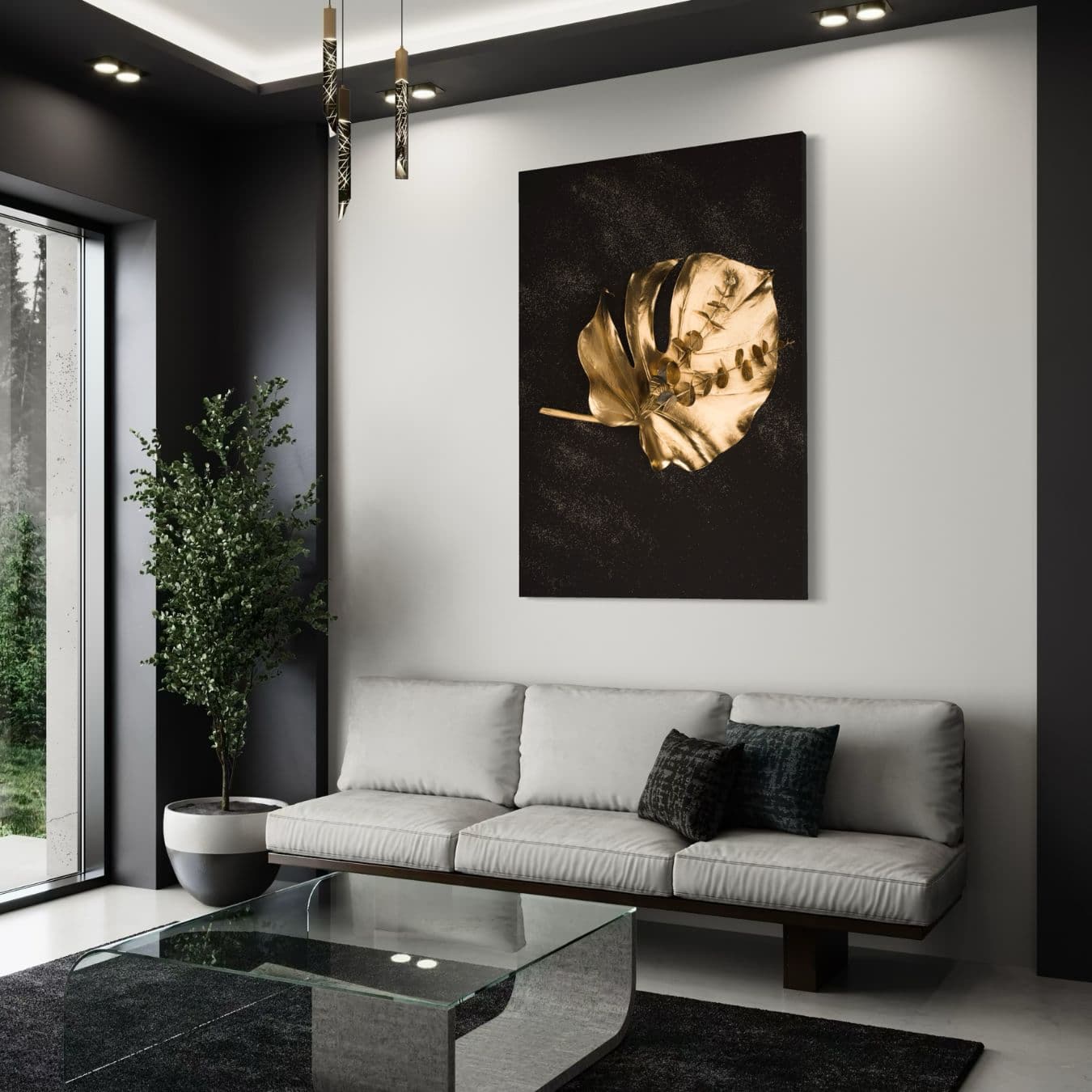 Stijlvol canvas schilderij met gouden blad boven witte bank.