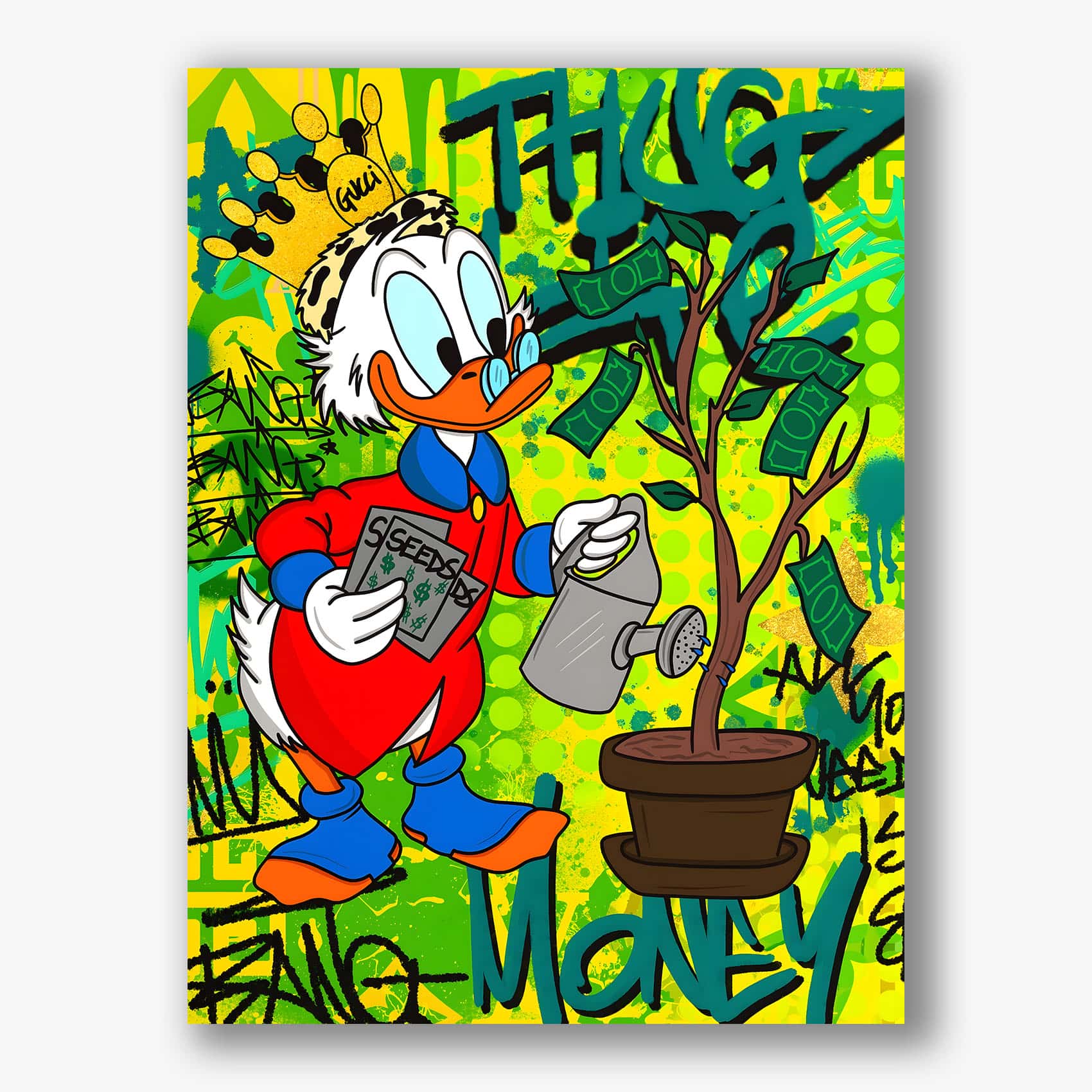 Kleurrijk schilderij van Dagobert Duck die geldboom verzorgt canvas