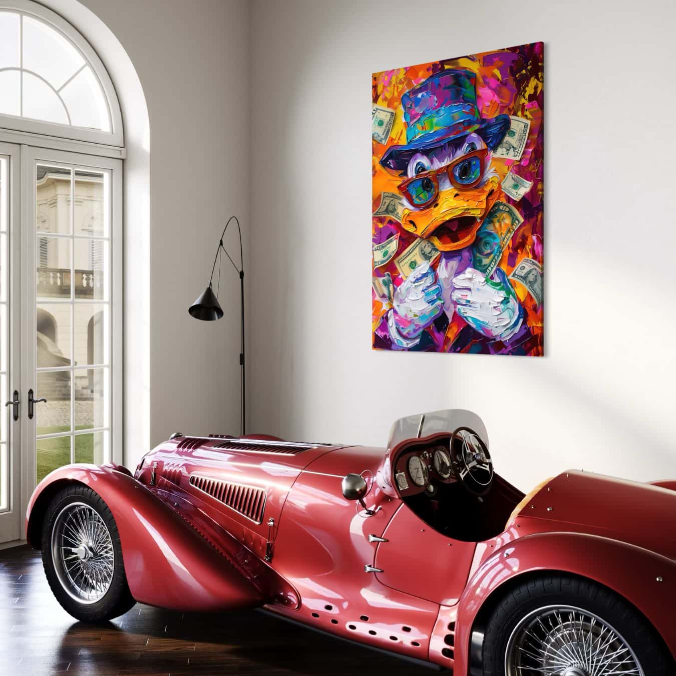 Kleurrijk canvas schilderij Donald Duck met geld in luxe interieur