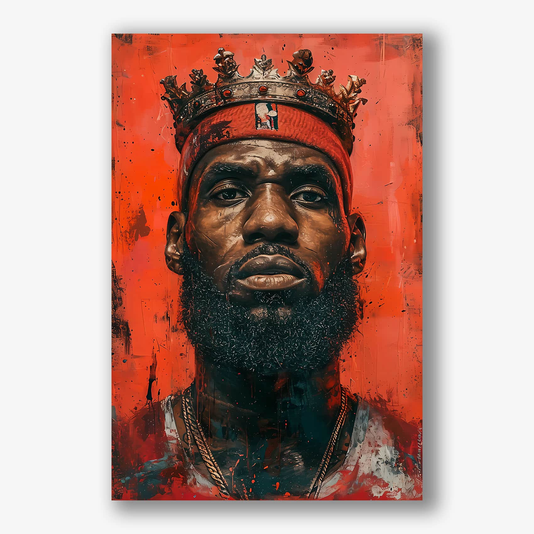 Abstract portret van basketballegende met kroon op rode achtergrond.
