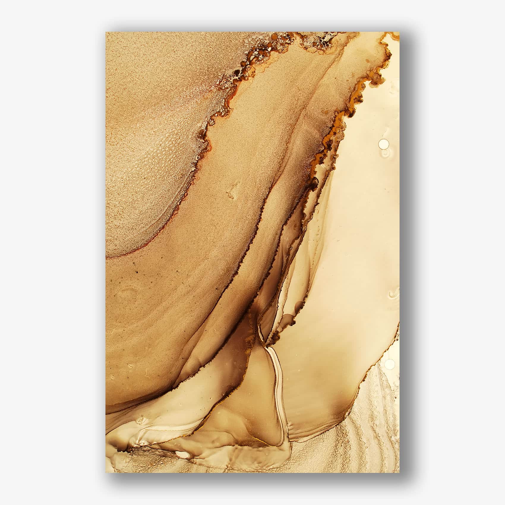 Abstracte marmeren wanddecoratie met beige, zandkleurige en bruine tinten.