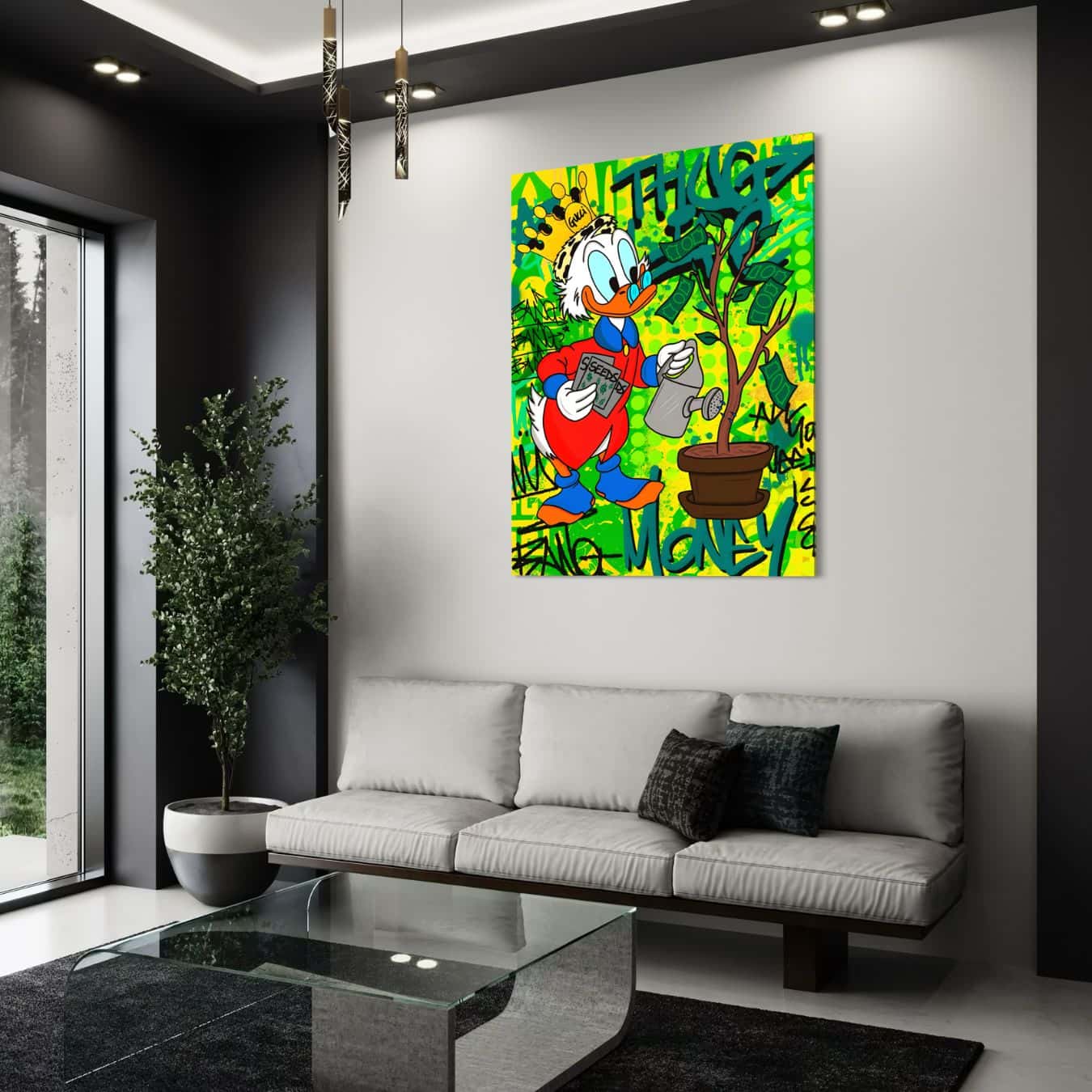 Muurdecoratie met cartoonstijl Dagobert Duck en groeiende geldboom