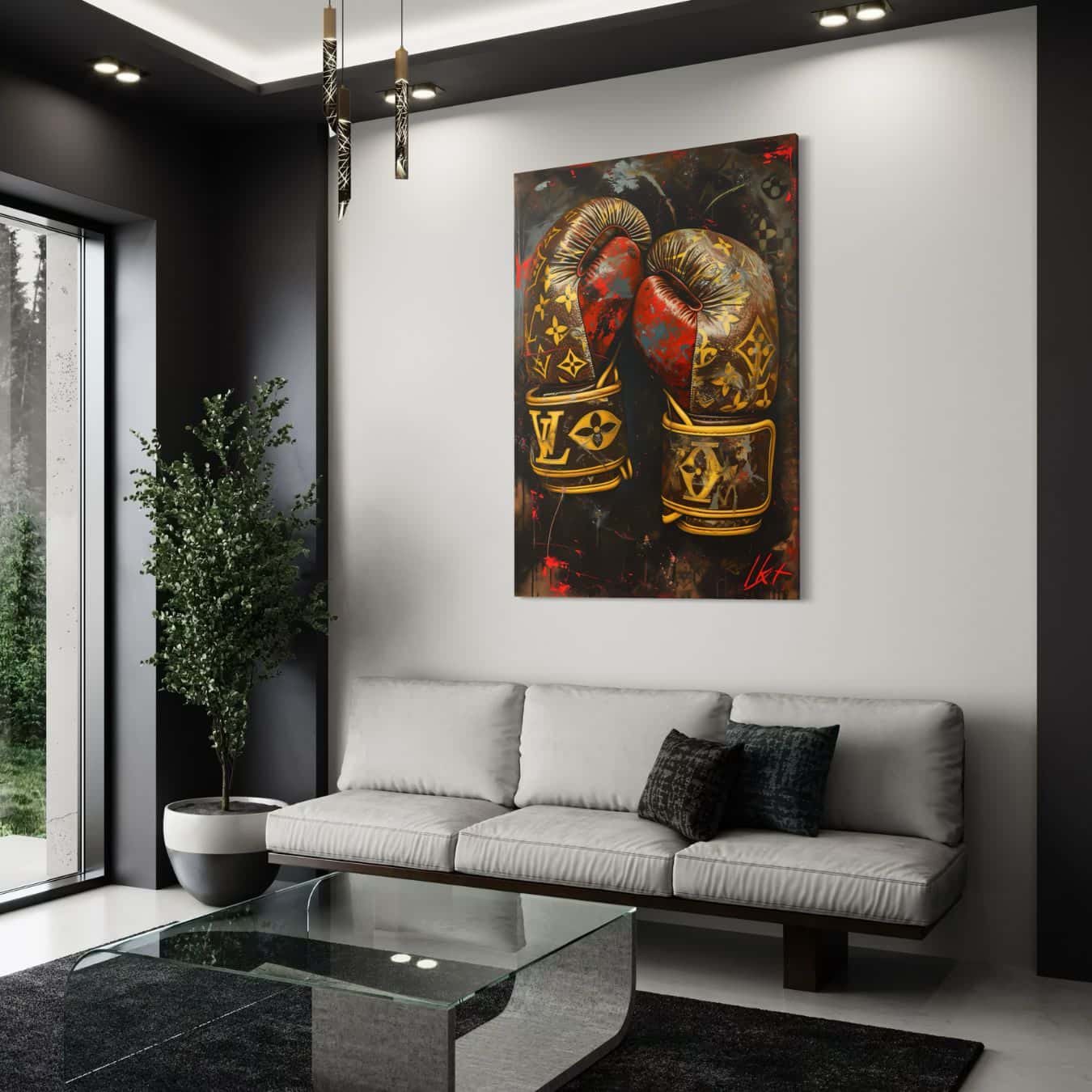 Wanddecoratie bokshandschoenen in modern interieur met witte bank.