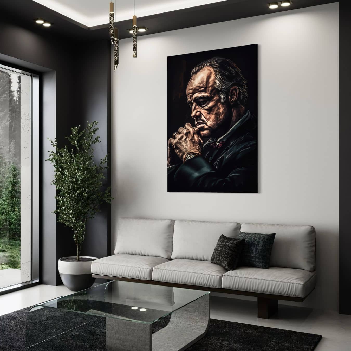 Maffia portret op dibond als muurdecoratie in moderne woonkamer