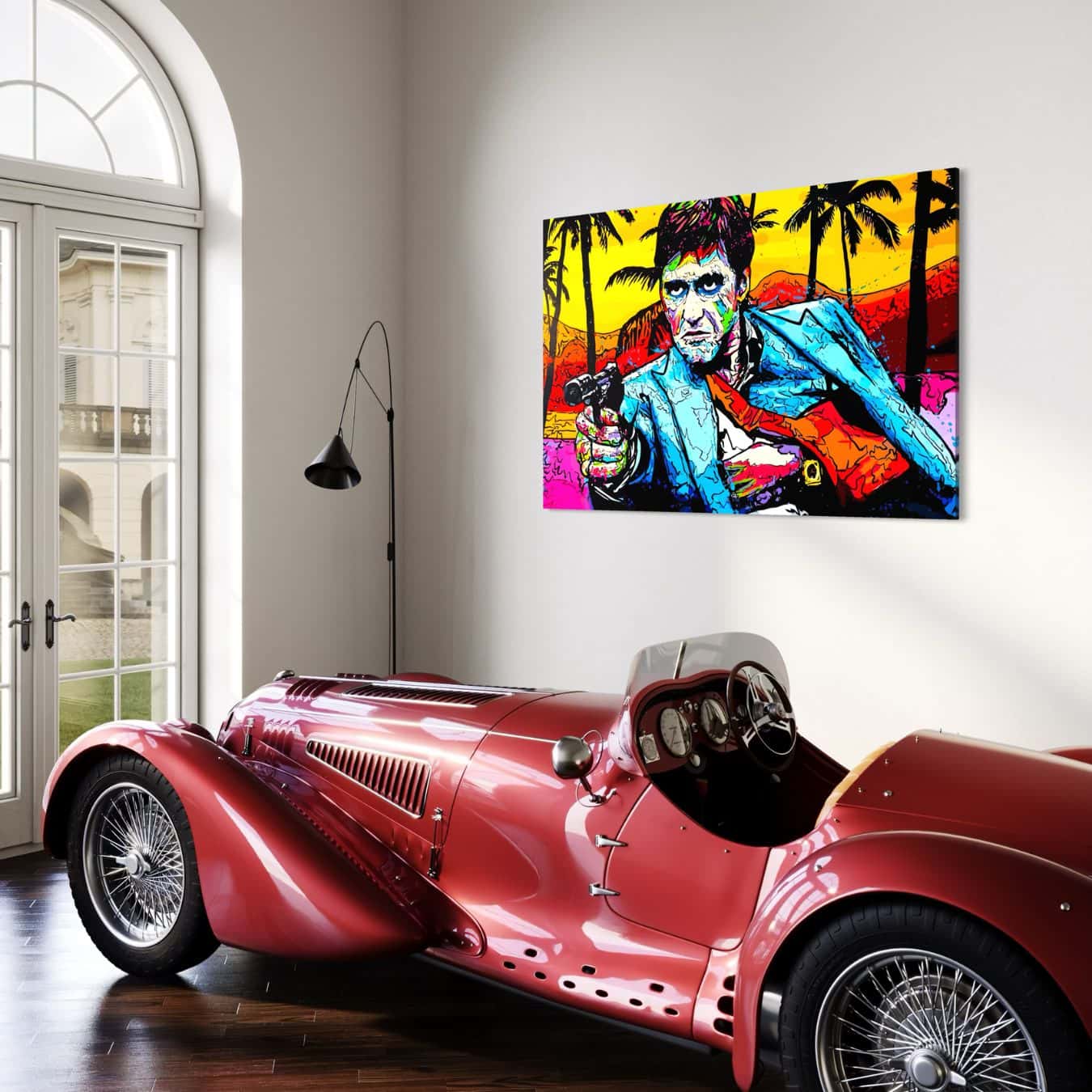 Canvas schilderij van Scarface in interieur met klassieke auto.