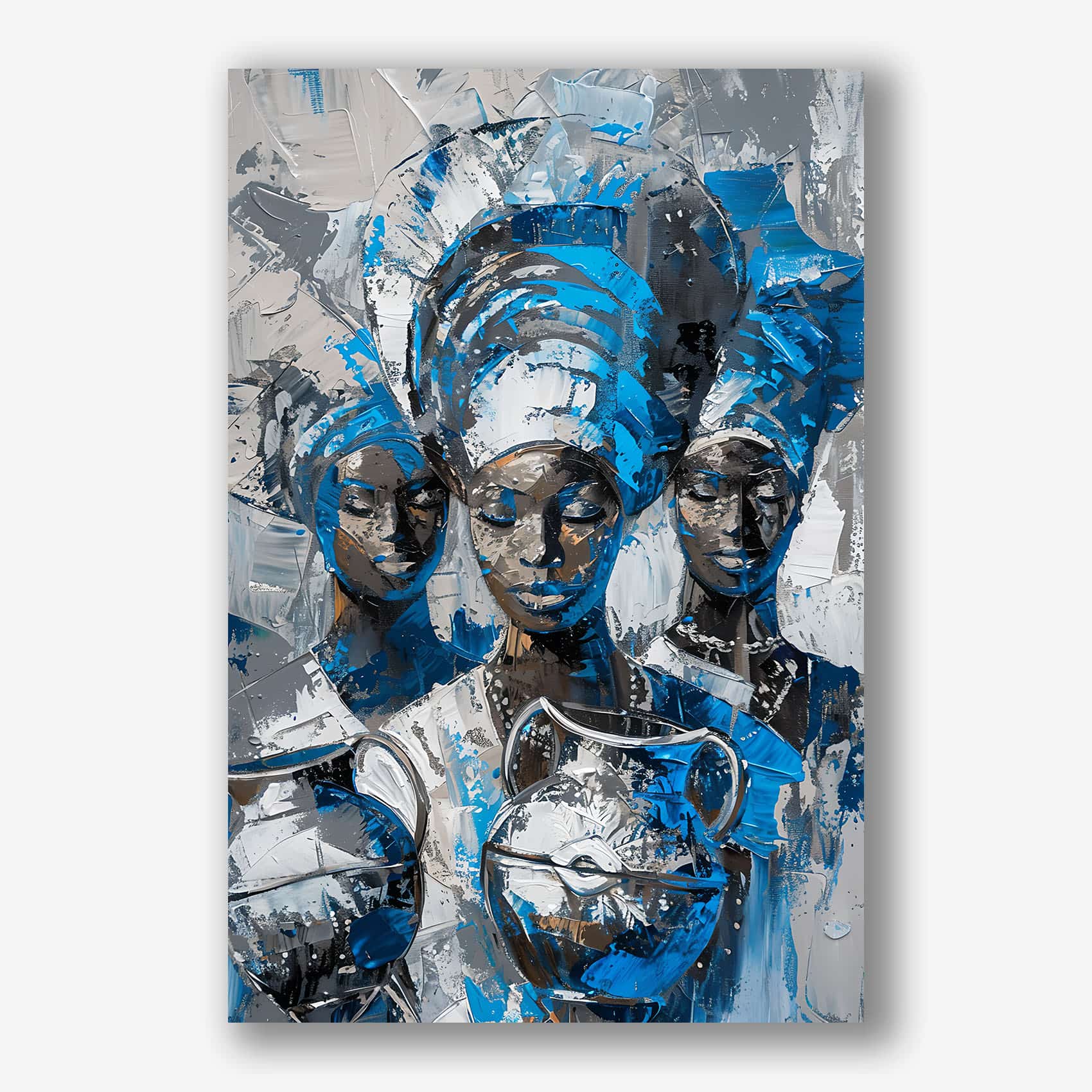 Schilderij van drie Afrikaanse vrouwen in blauwe en zilveren tinten met traditionele kleding