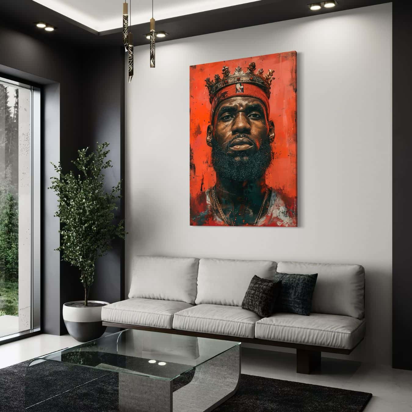 Modern portret van een iconische basketballer met kroon, als opvallende wanddecoratie