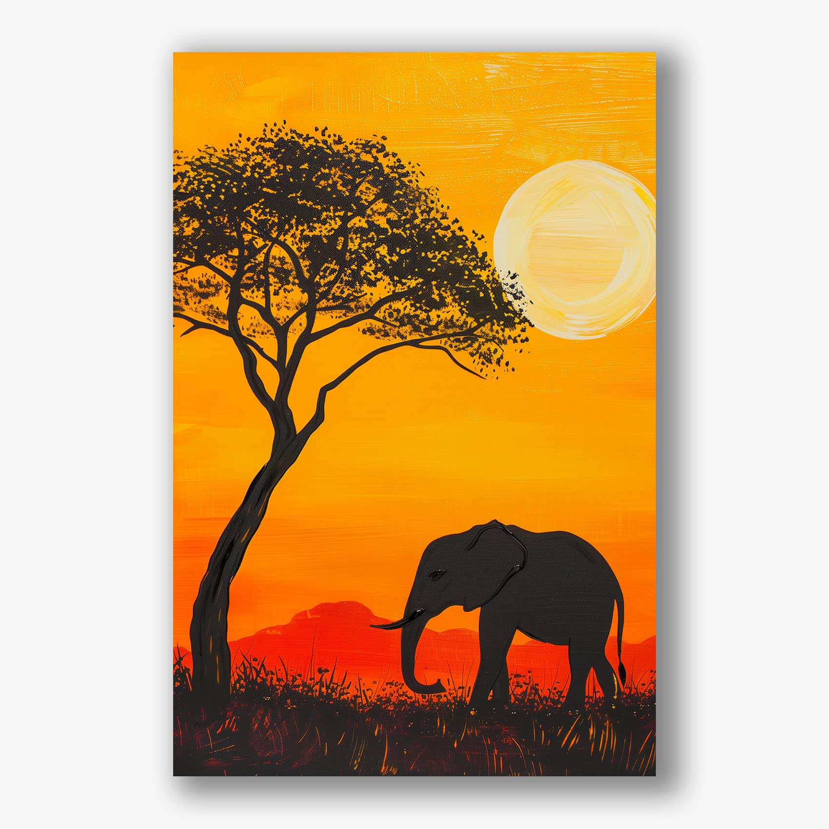 Schilderij van olifant onder boom bij zonsondergang