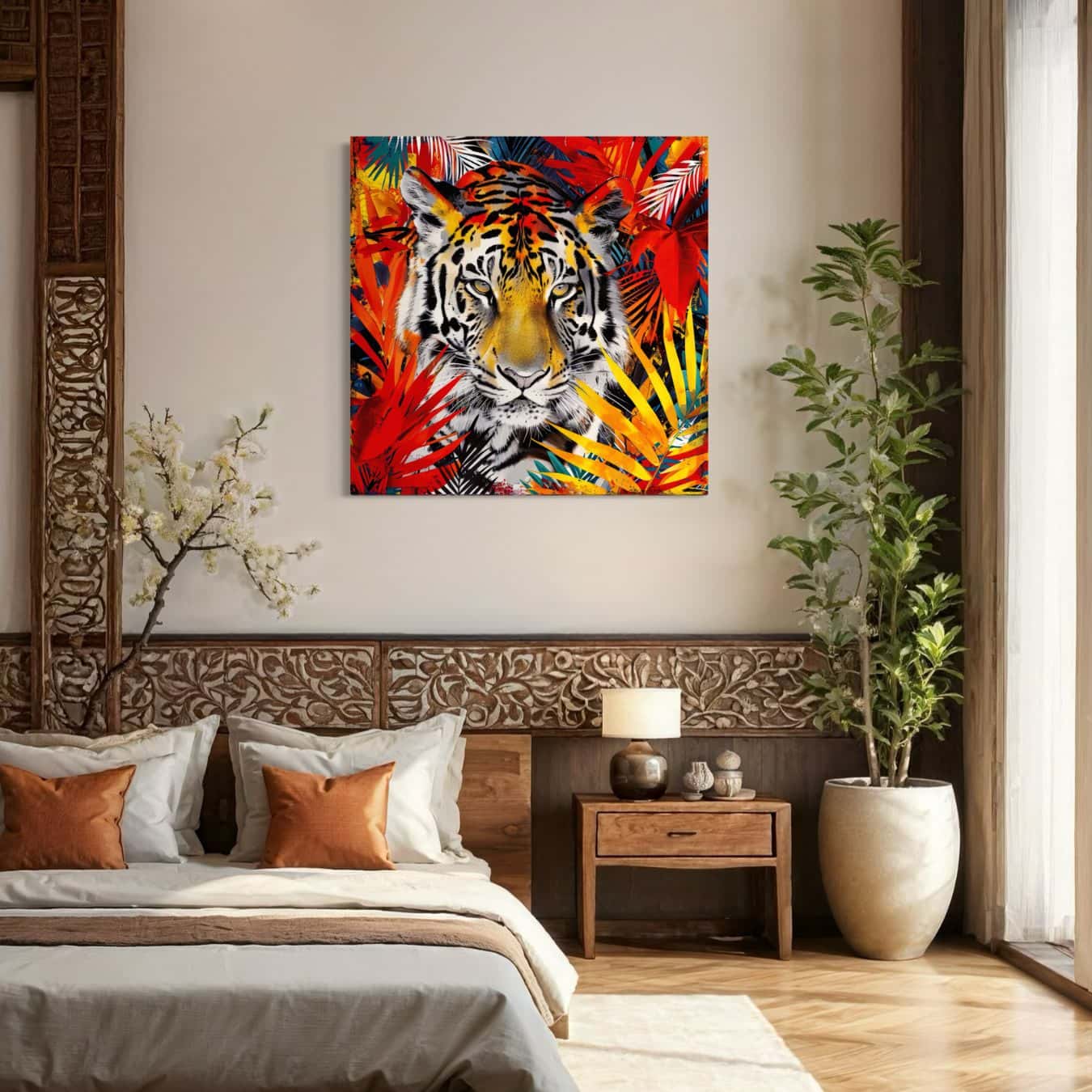 Schilderij van een krachtige tijger, geplaatst boven een rustgevende boho slaapkamer