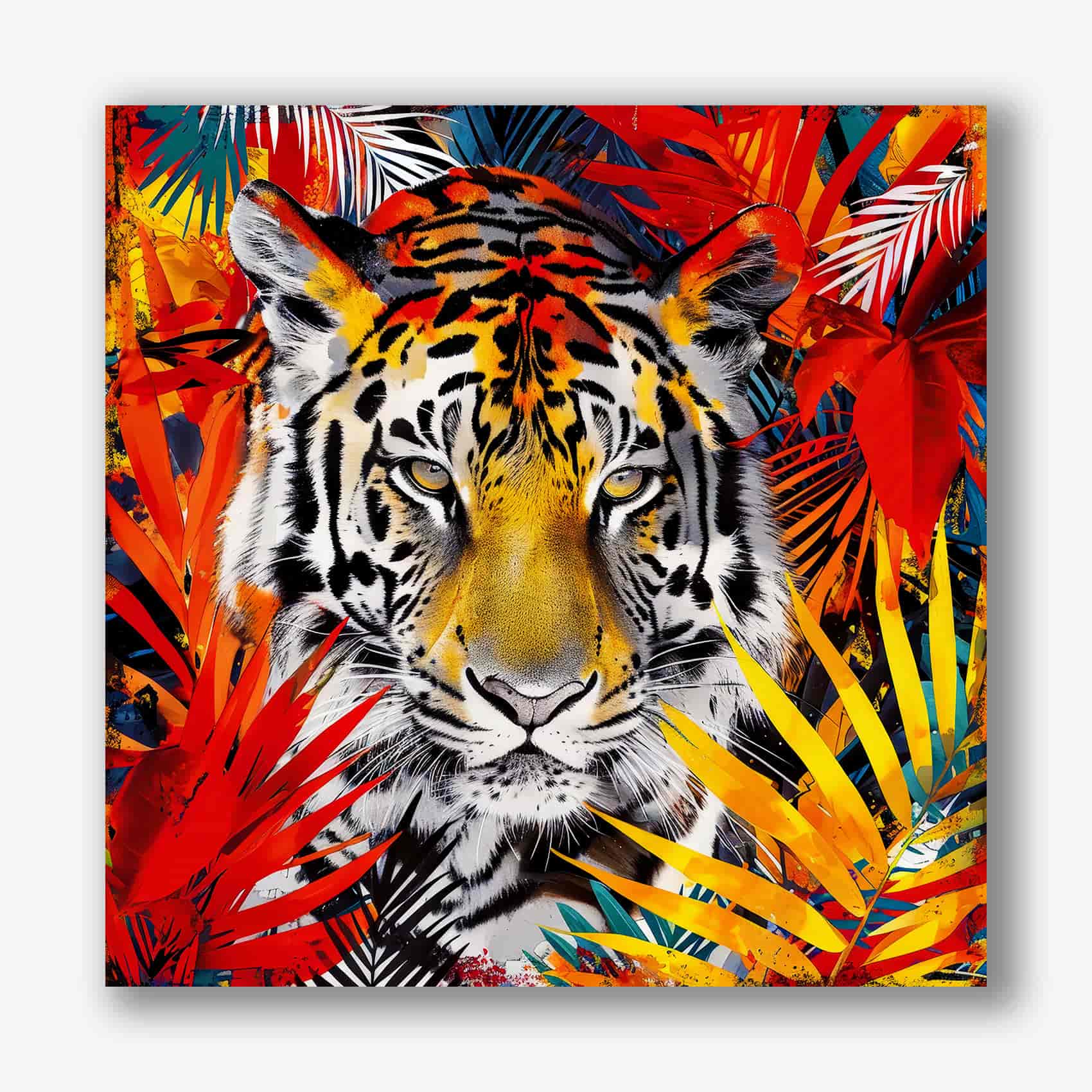 Kleurrijk schilderij van een tijger tussen tropische bladeren in rood, geel en blauw.