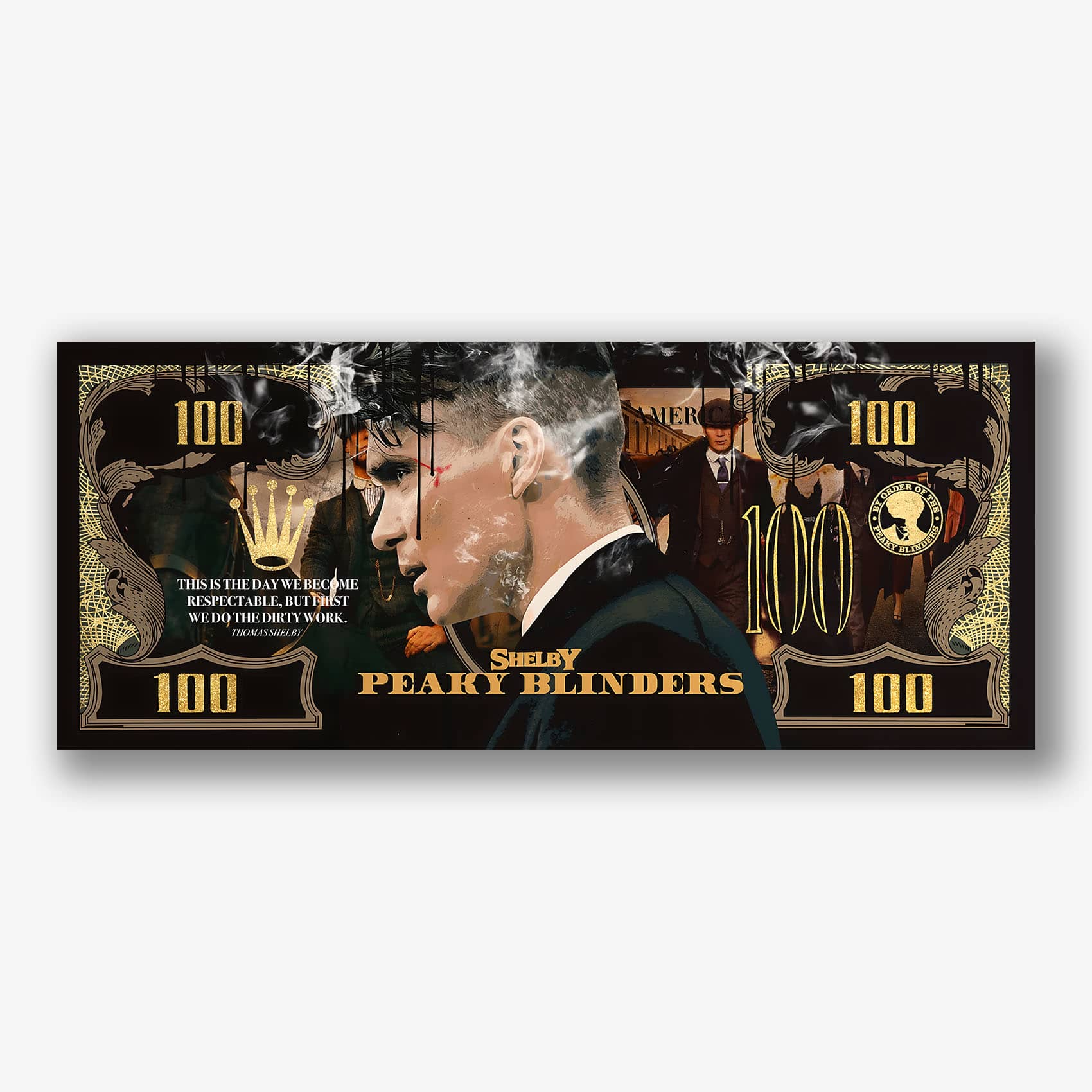 Canvas schilderij van Thomas Shelby in zijaanzicht met donkere achtergrond