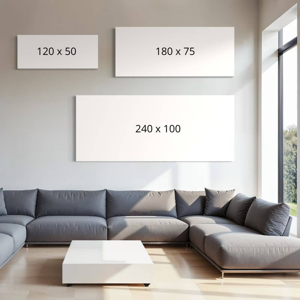 Vergelijking van formaten wanddecoratie in 120x50, 180x75 en 240x100