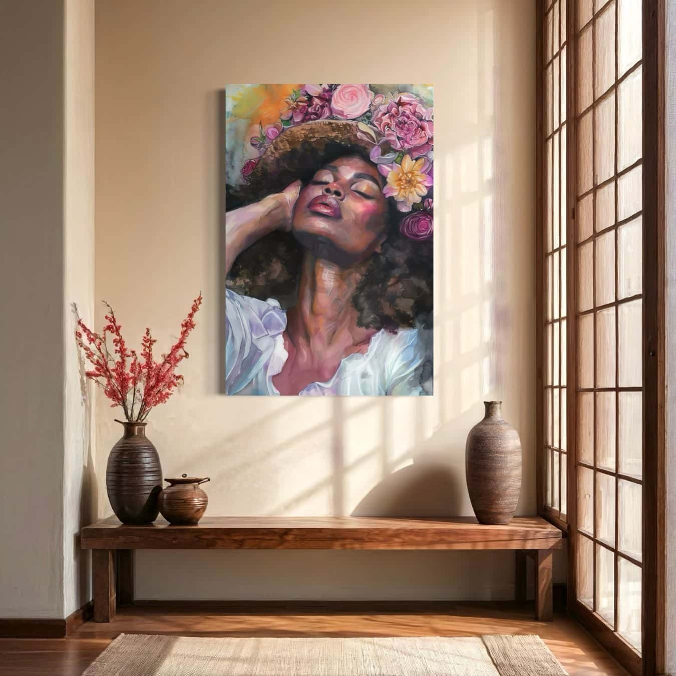 Portret schilderij van vrouw met bloemenkrans in Japanse stijl kamer