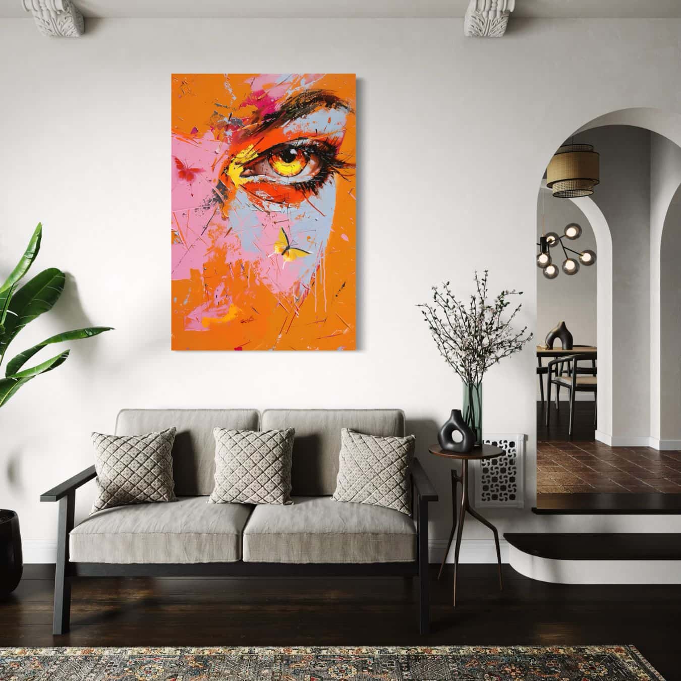 abstract-plexiglas-schilderij in minimalistische woonkamer