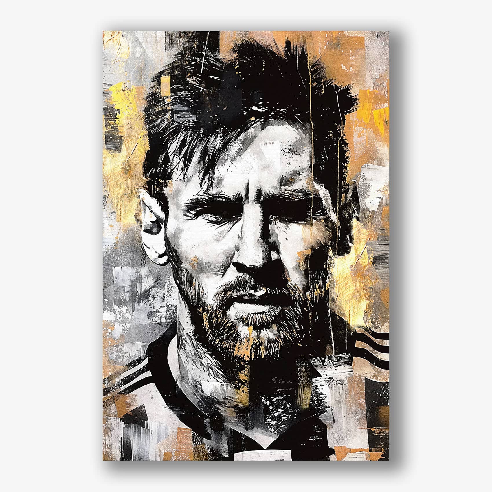 Portret schilderij Messi op canvas met moderne abstracte stijl.