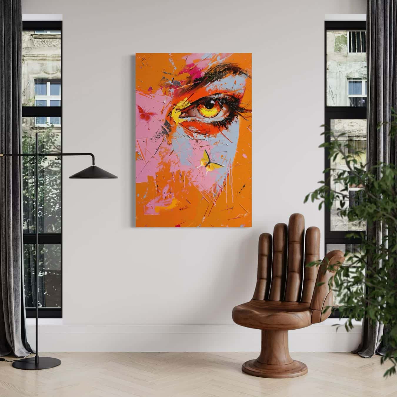 Kunstwerk met kleurrijk oog in abstracte stijl in interieur met houten handstoel