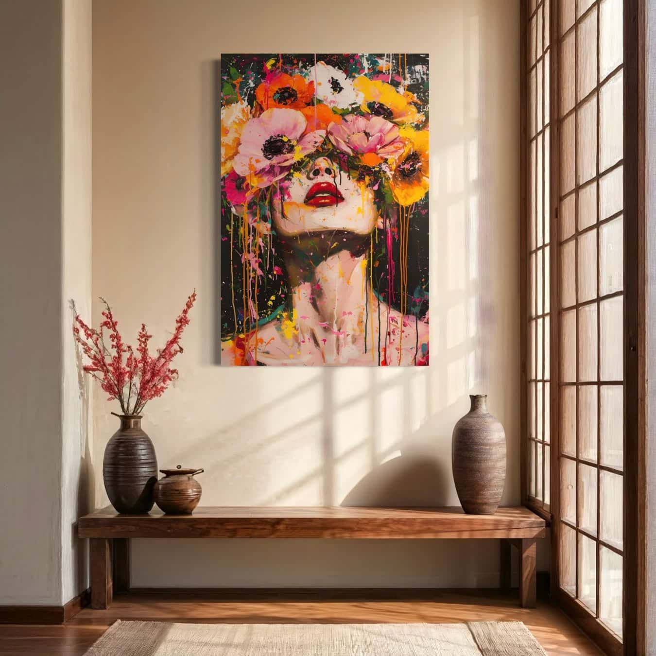 Het schilderij van de vrouw met bloemen hangt in een warme Japanse hal