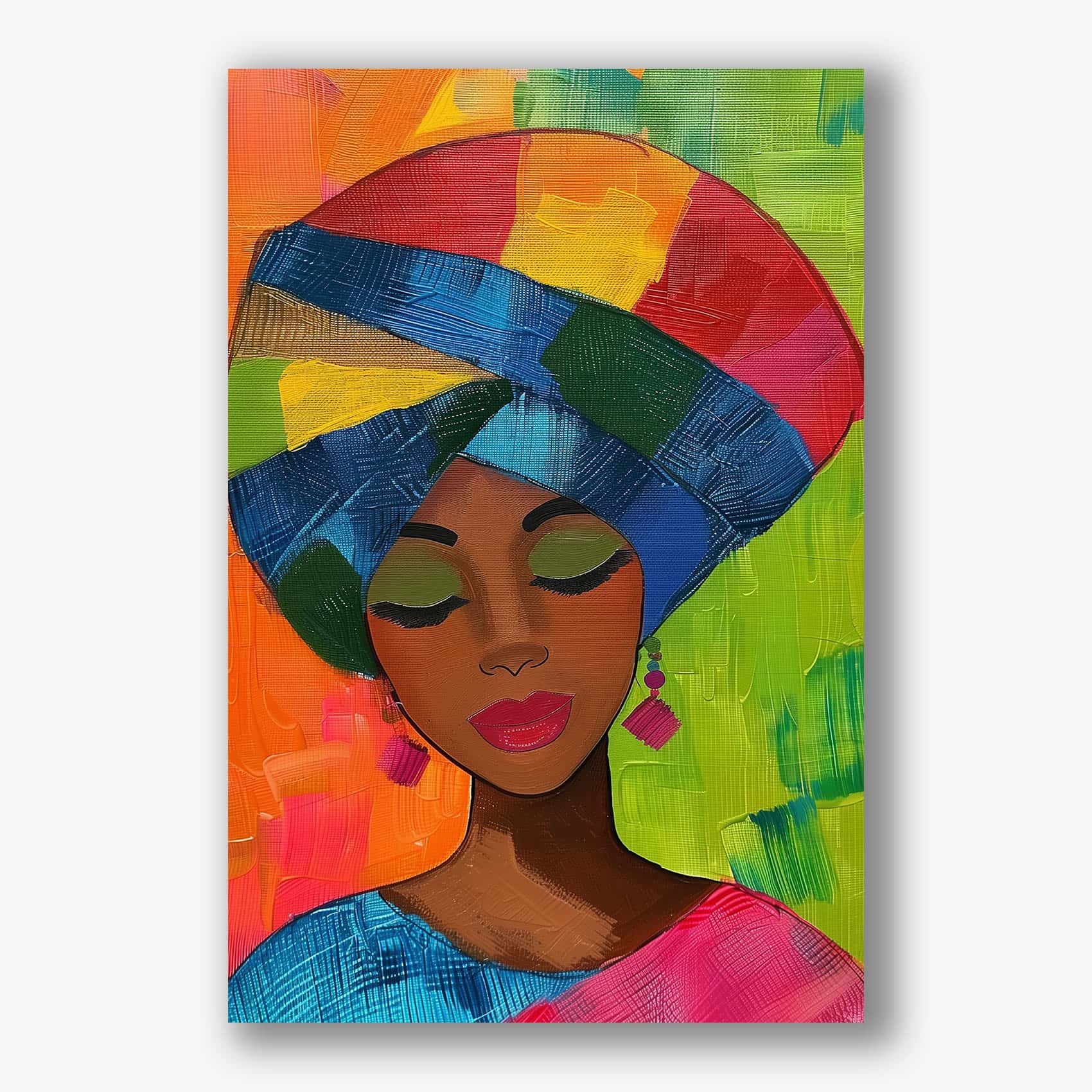 Abstract schilderij van vrouw met gesloten ogen en kleurrijke tulband op groene achtergrond