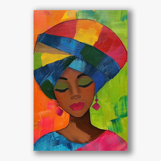 Abstract schilderij van vrouw met gesloten ogen en kleurrijke tulband op groene achtergrond