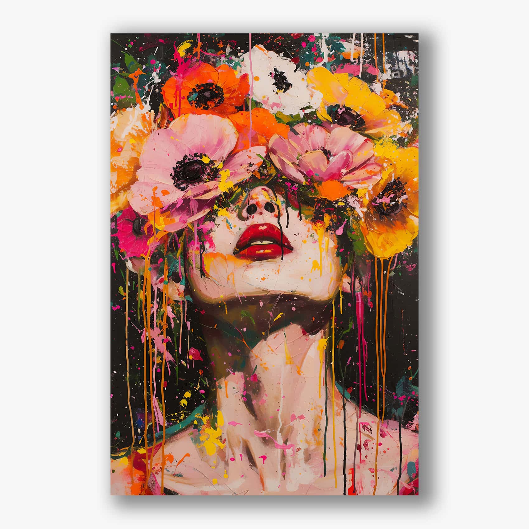 Expressief schilderij van vrouw met felrode lippen en ogen bedekt door kleurrijke bloemen