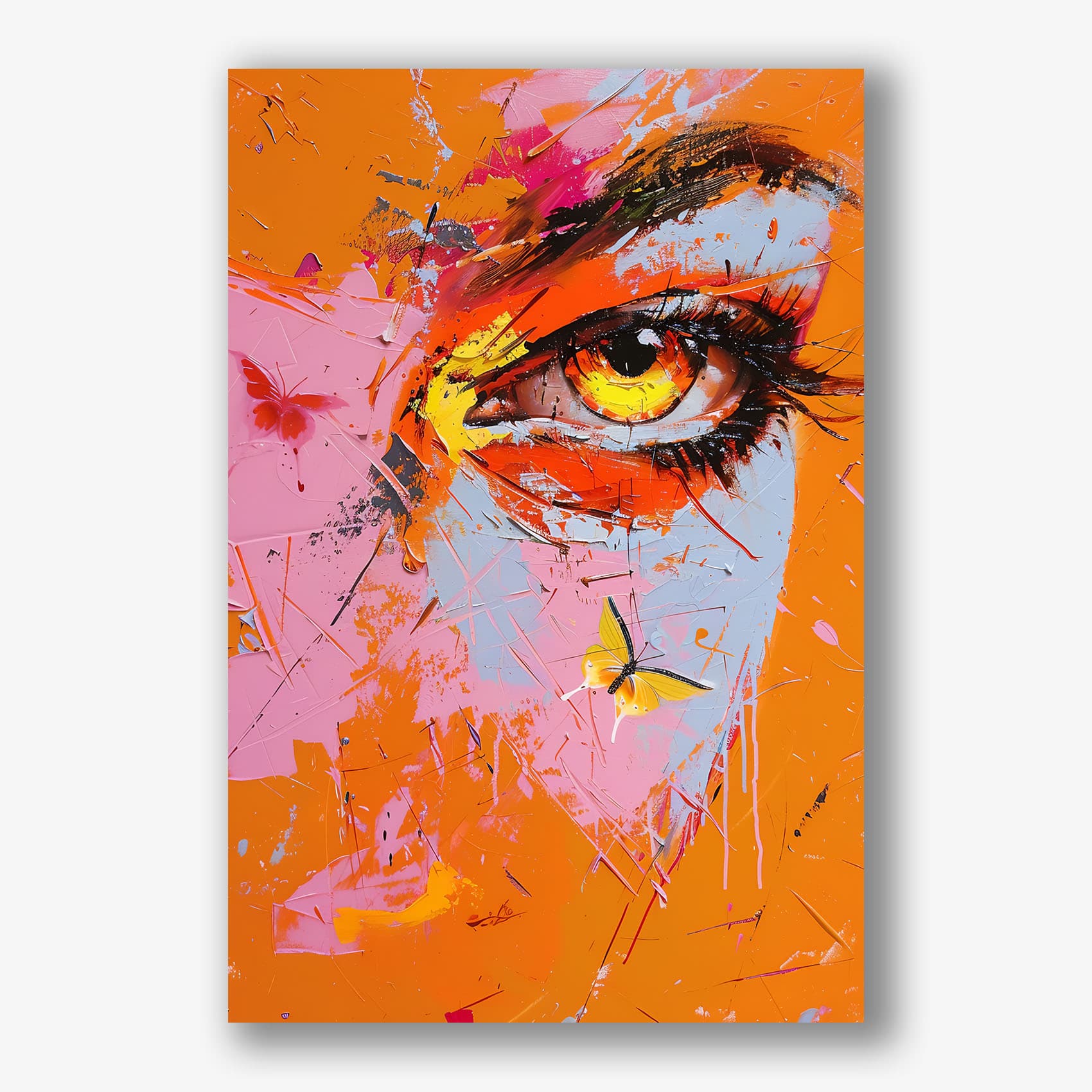 Abstract schilderij van een oog in oranje, roze en paarse tinten met vlinders op het gezicht.
