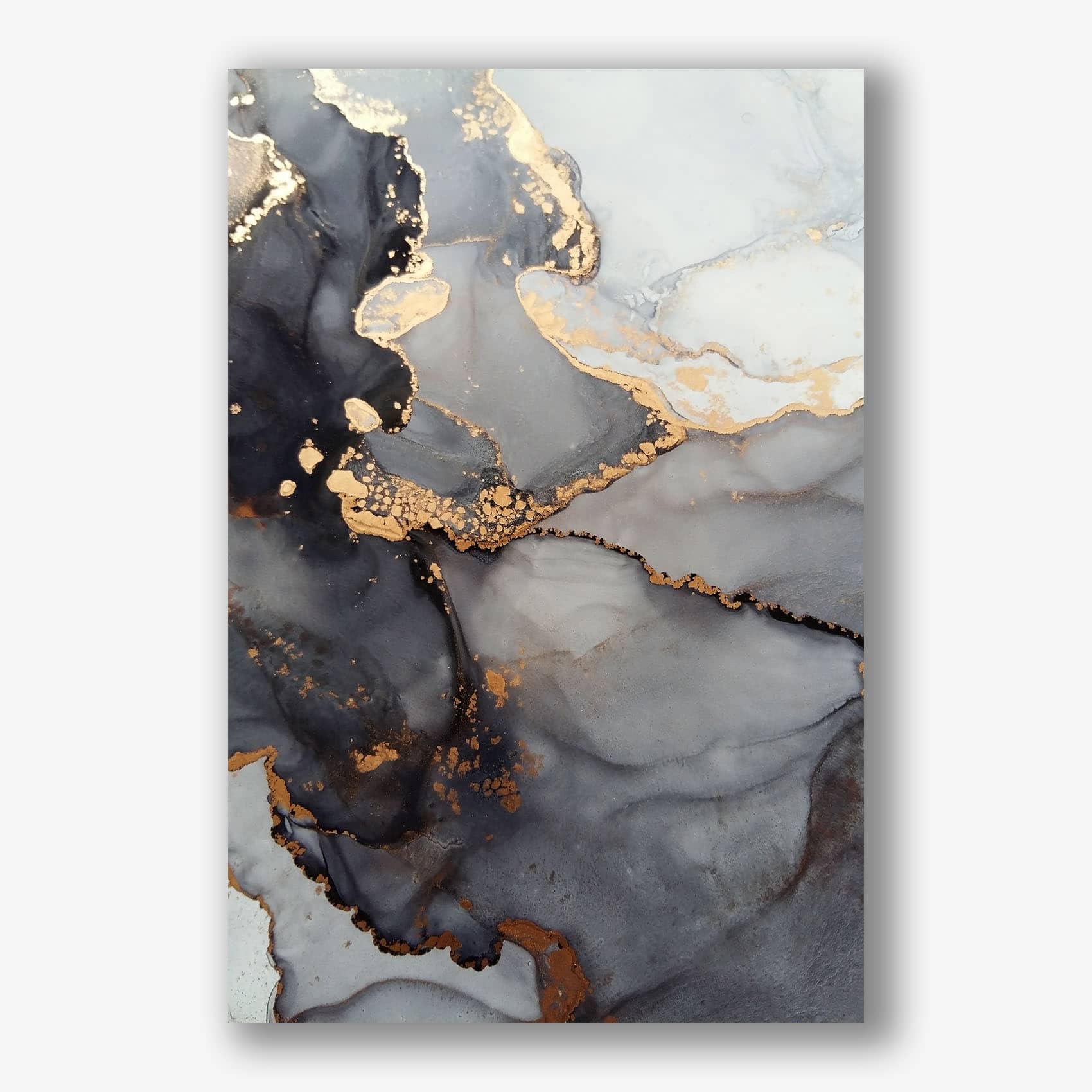 Abstracte wanddecoratie met aqua, goud en grijze tinten