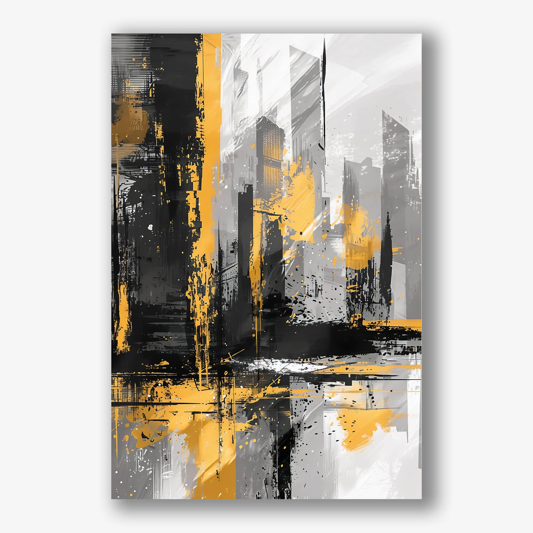 Abstract schilderij in zwart, geel en grijs voor modern interieur