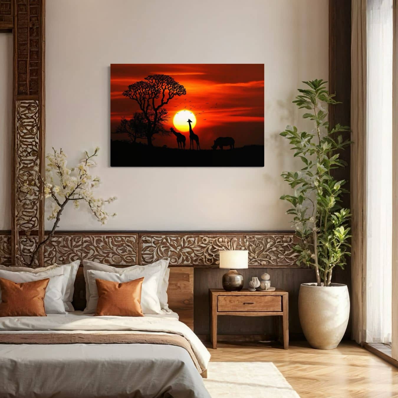 Canvas muurdecoratie van Afrikaanse safari met giraffen en zonsondergang in slaapkamer
