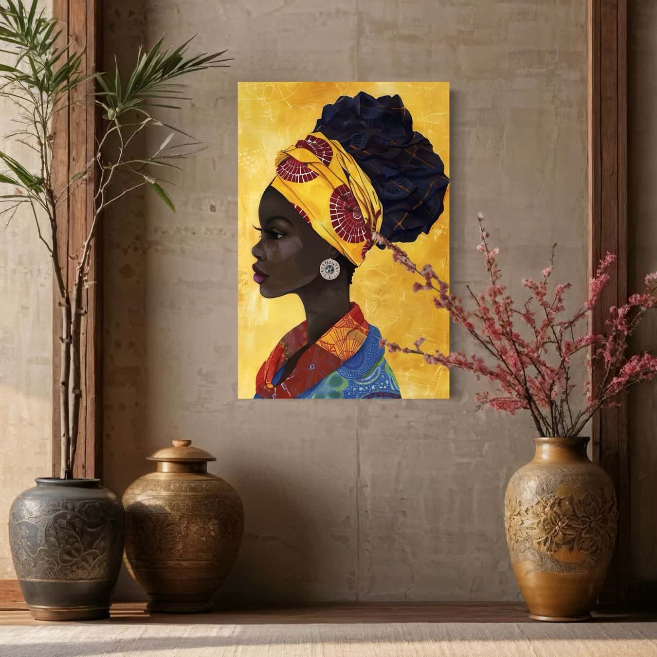 Schilderij van vrouw in traditionele stijl op gele achtergrond in rustiek interieur met aardewerk