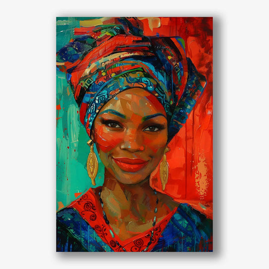 schilderij van lachende Afrikaanse vrouw met kleurrijke hoofddoek en gouden oorbellen