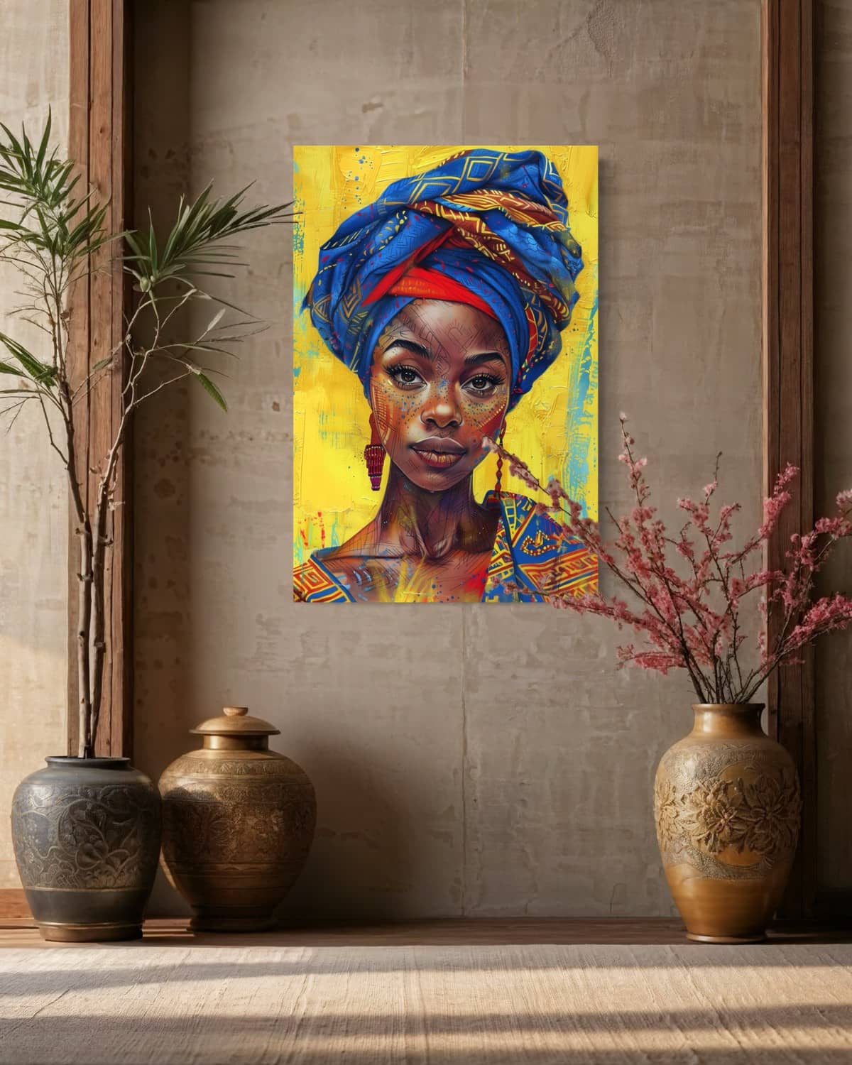 wanddecoratie van een afrikaanse vrouw op plexiglas in oosterse ruimte