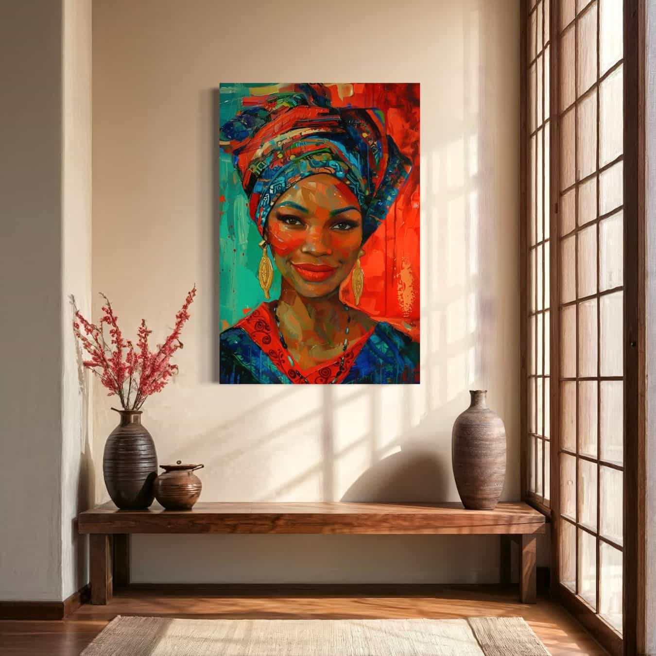 Schilderij van vrouw in traditionele Afrikaanse outfit in Japanse stijl woonkamer.