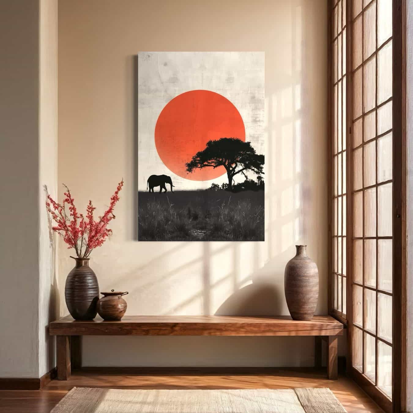 Afrikaans schilderij van olifant en boom in silhouet tegen rode zon in hal 