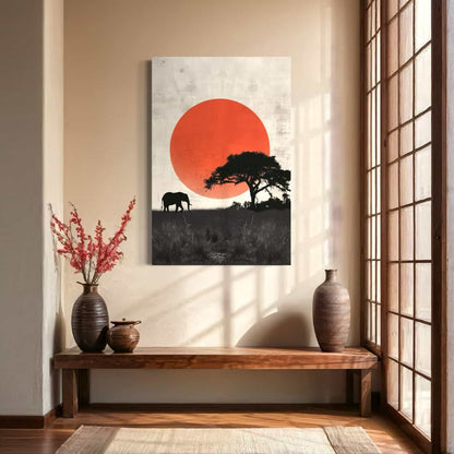 Afrikaans schilderij van olifant en boom in silhouet tegen rode zon in hal 