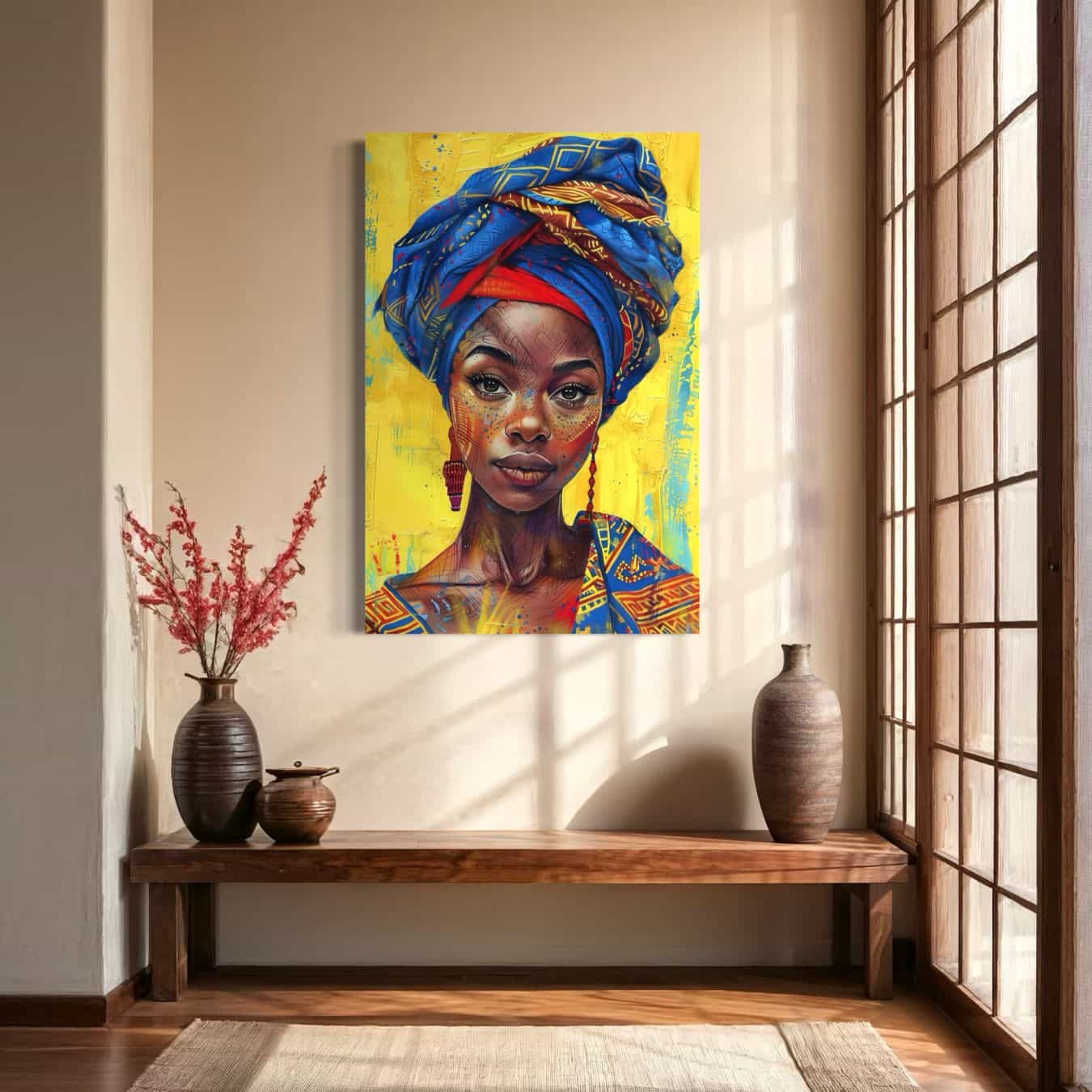 Kleurrijk schilderij van vrouw met blauwe hoofddoek in Japanse stijl woonkamer.