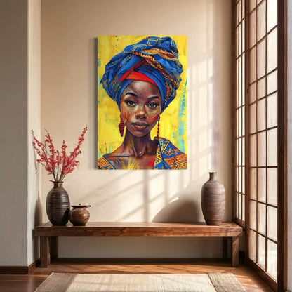 Kleurrijk schilderij van vrouw met blauwe hoofddoek in Japanse stijl woonkamer.