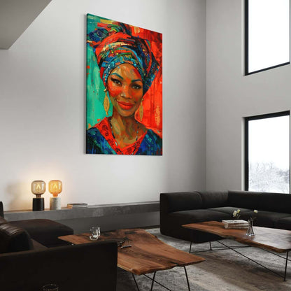 Levendig schilderij van een vrouw in traditionele kleding aan de muur in een moderne woonkamer