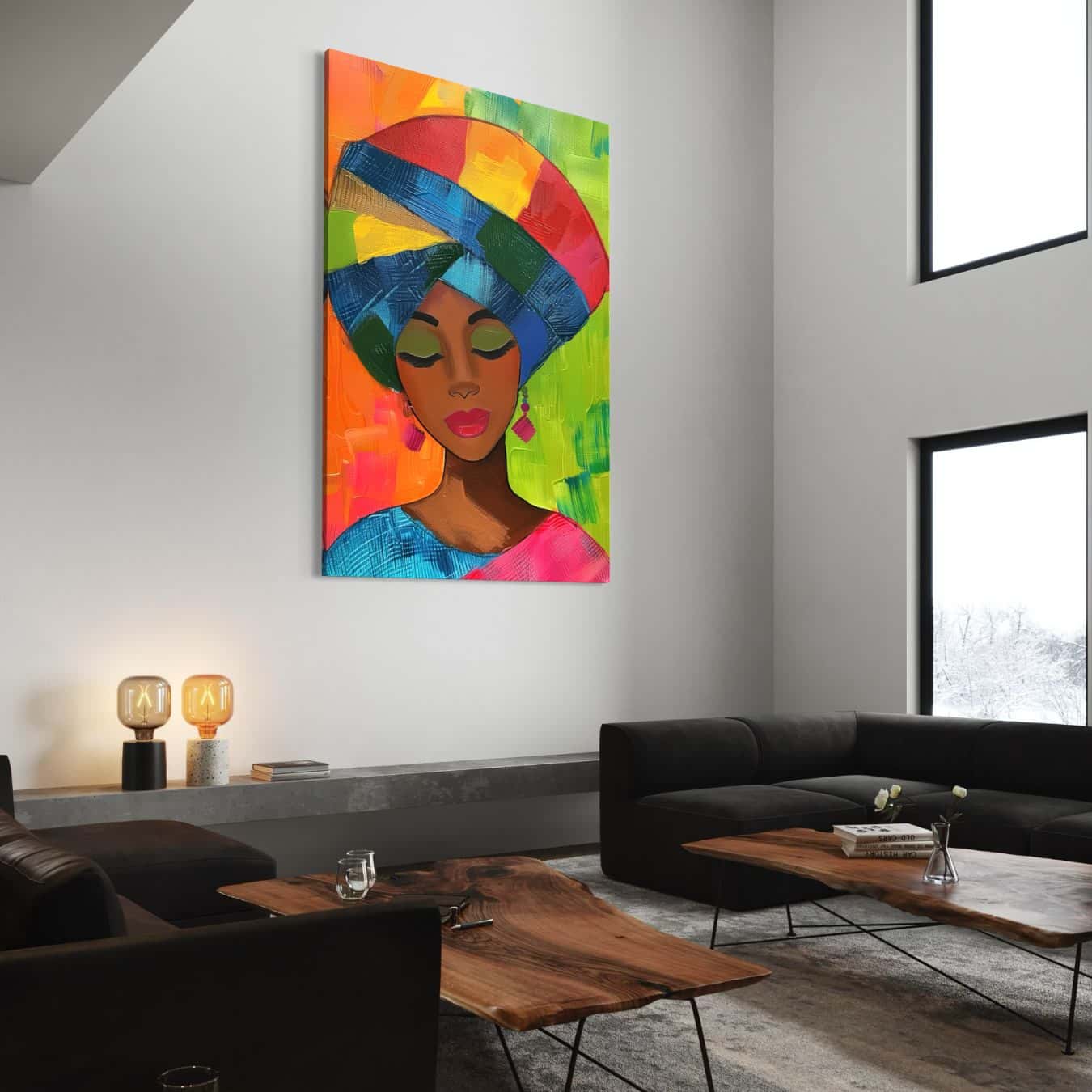 Kunstzinnig schilderij van vrouw in kleurrijke hoofddoek in moderne woonkamer 