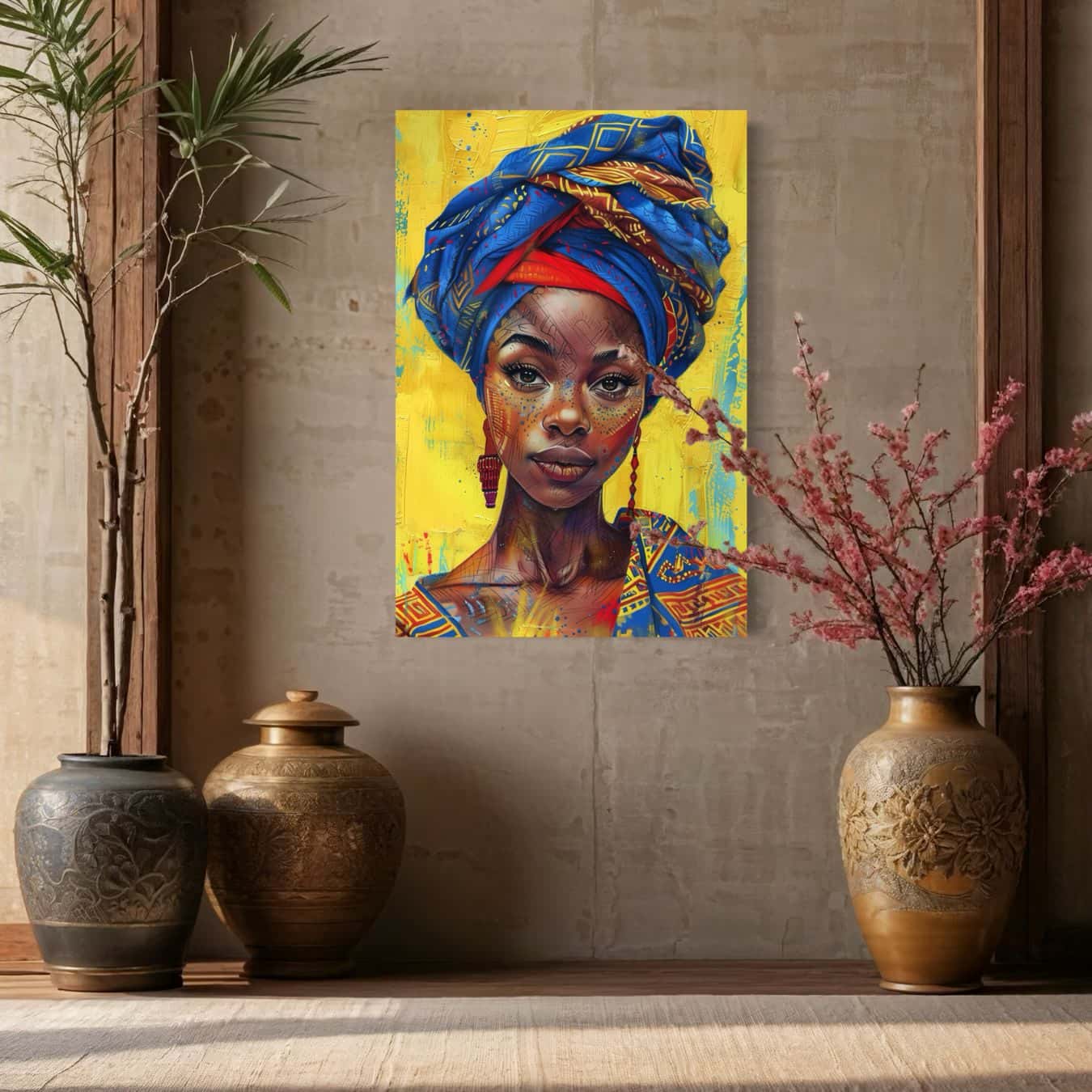 Schilderij van vrouw met kleurrijke kleding in oosters interieur.