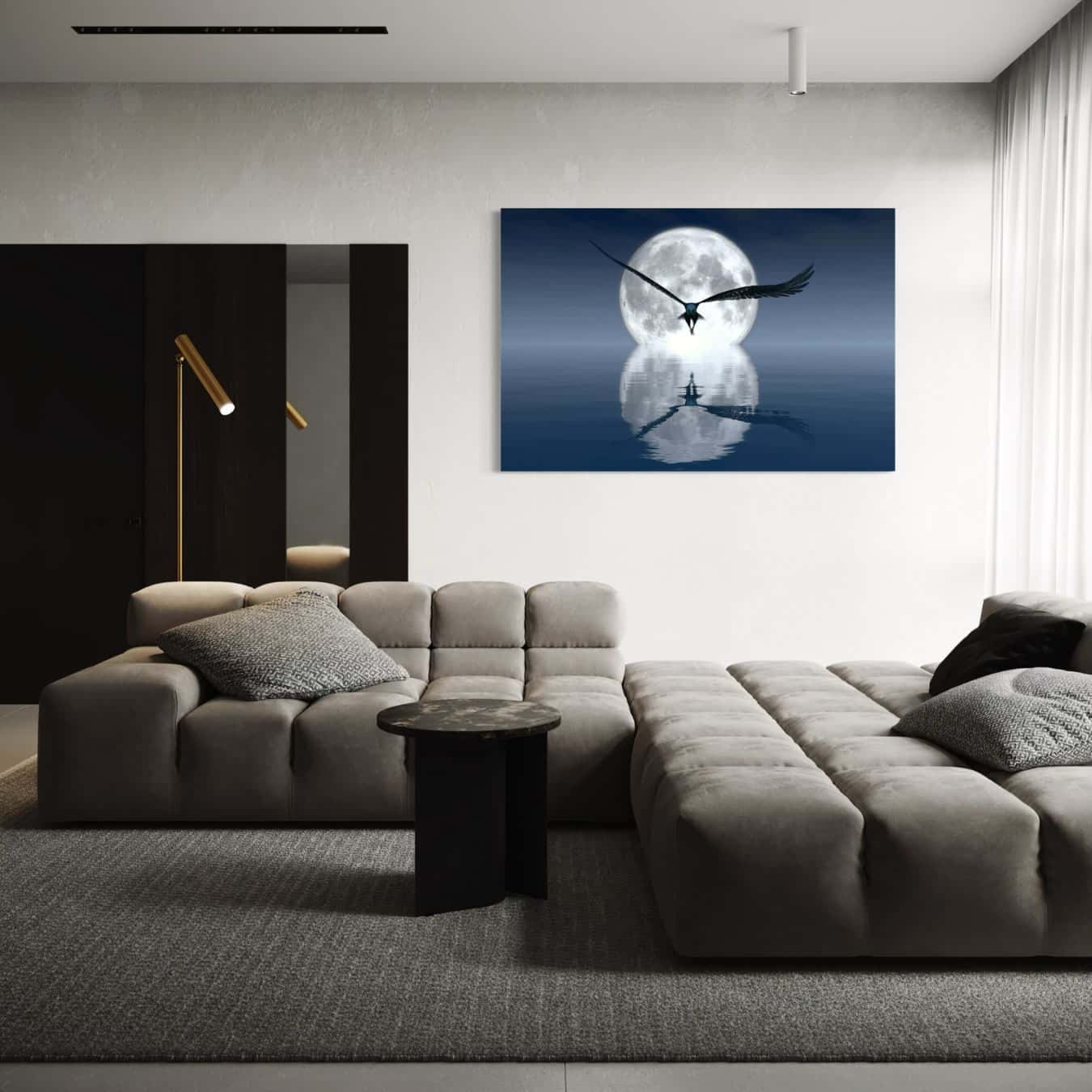 Moderne wanddecoratie van een arend in een interieur met grijstinten.