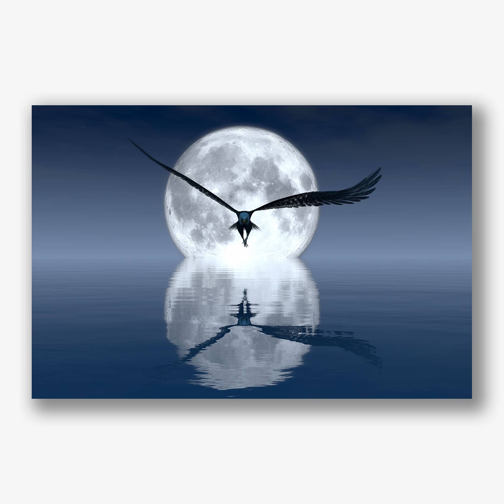 Mysterieus kunstwerk van een vliegende kraai bij volle maan, met spiegeling in het water