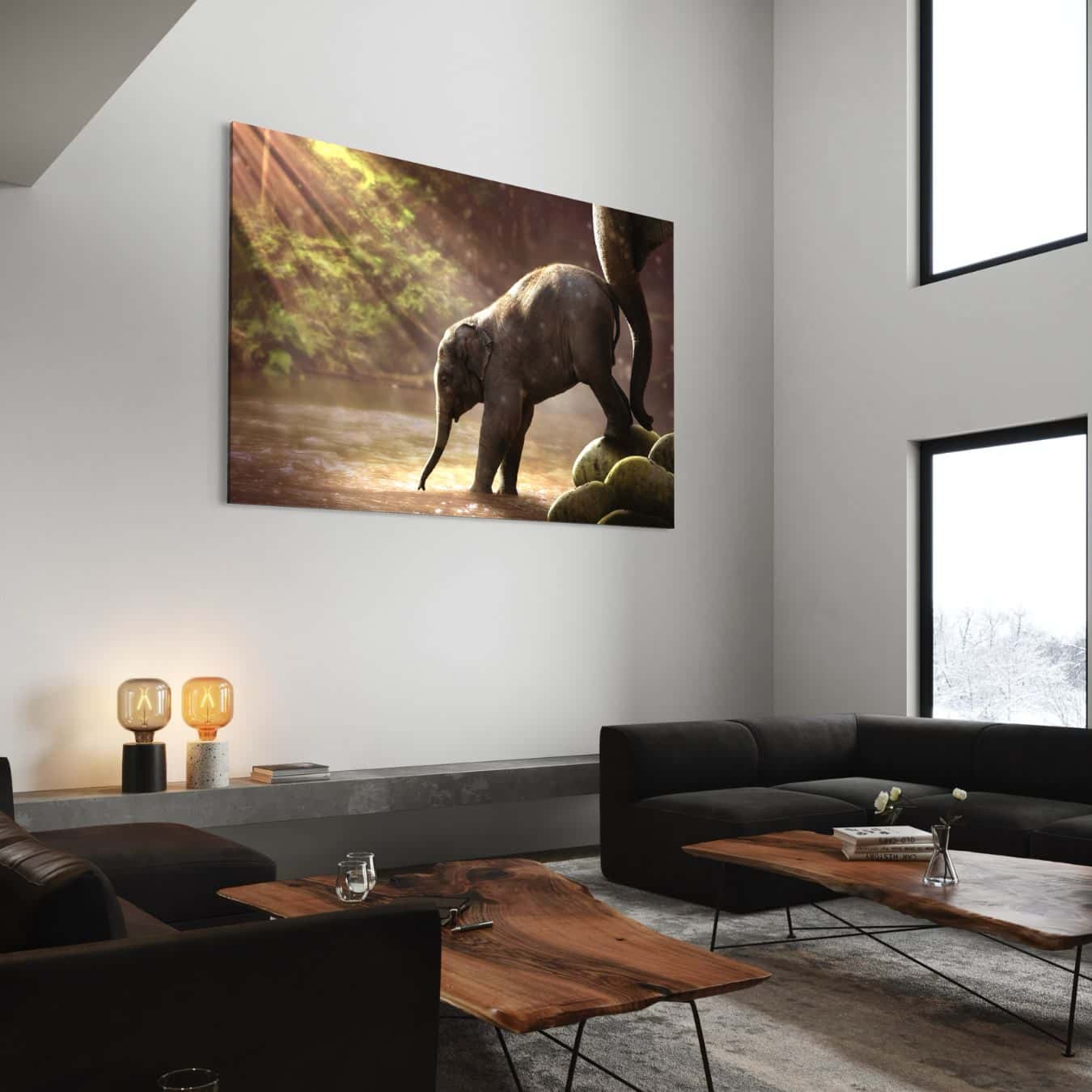 Wanddecoratie van jonge olifant onder warme zonnestralen