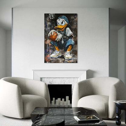 Basketbalstijl schilderij Donald Duck met sneakers in strakke moderne ruimte