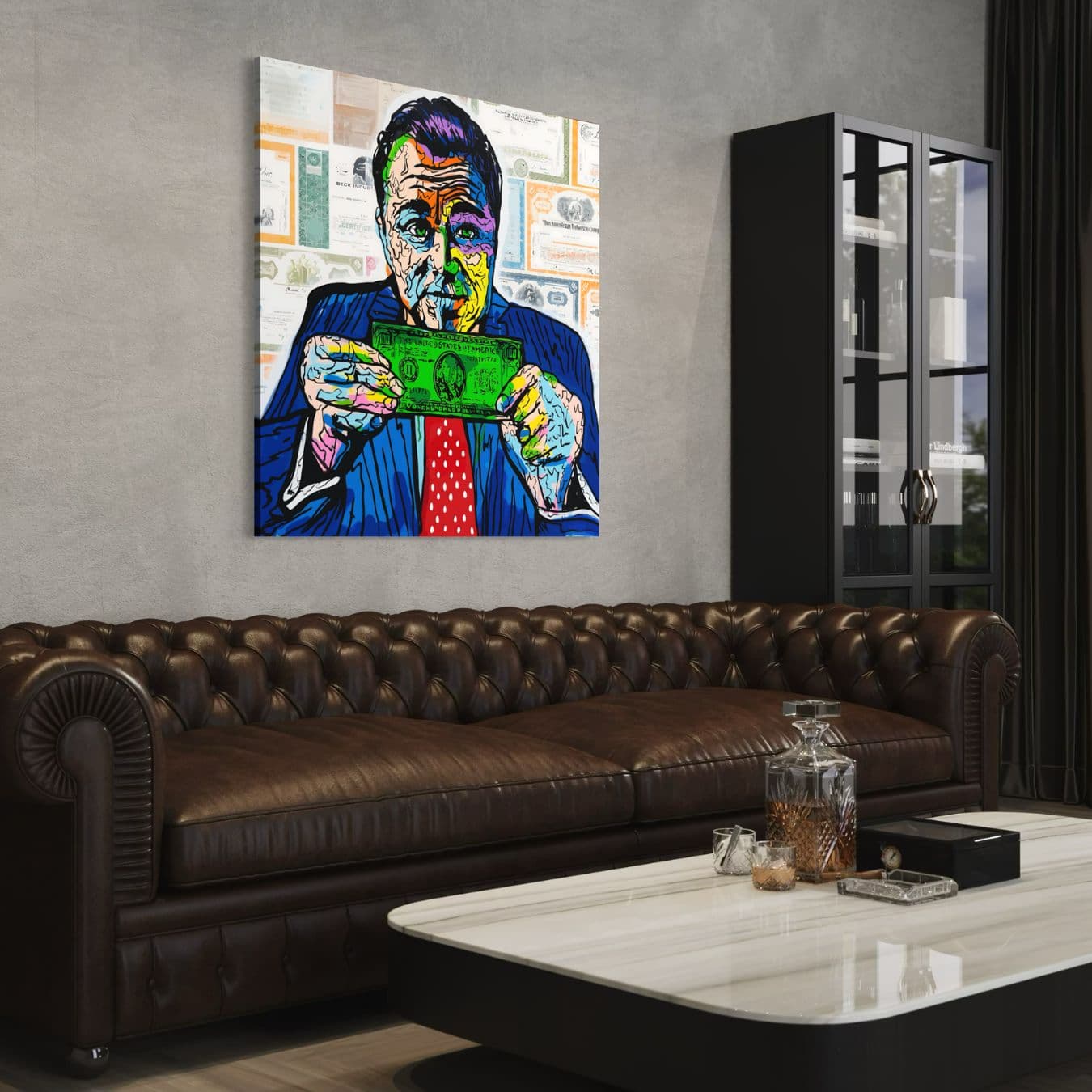 Dibond schilderij van Jordan Belfort boven leren designbank.