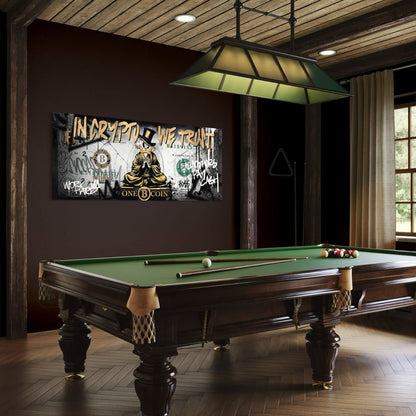 Dibond schilderij met bitcoin als stoere muurdecoratie in biljartkamer