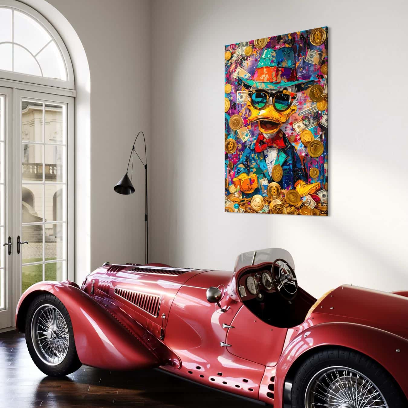 Geld en crypto popart schilderij als luxe muurdecoratie interieur