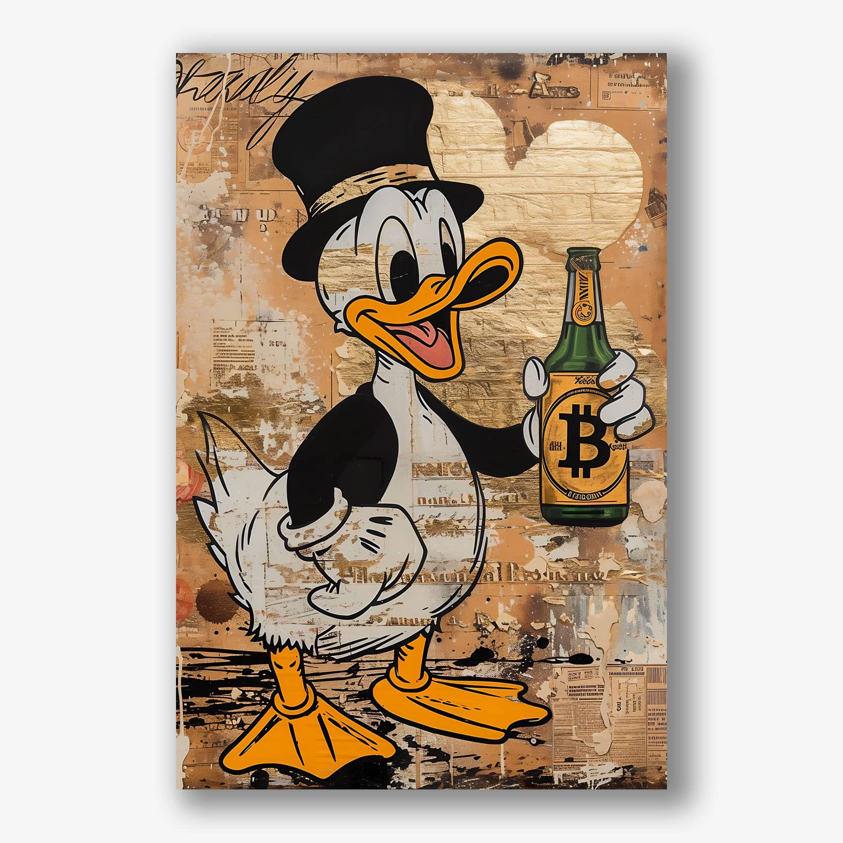 Canvas popart schilderij van eend met bitcoin fles in hand.