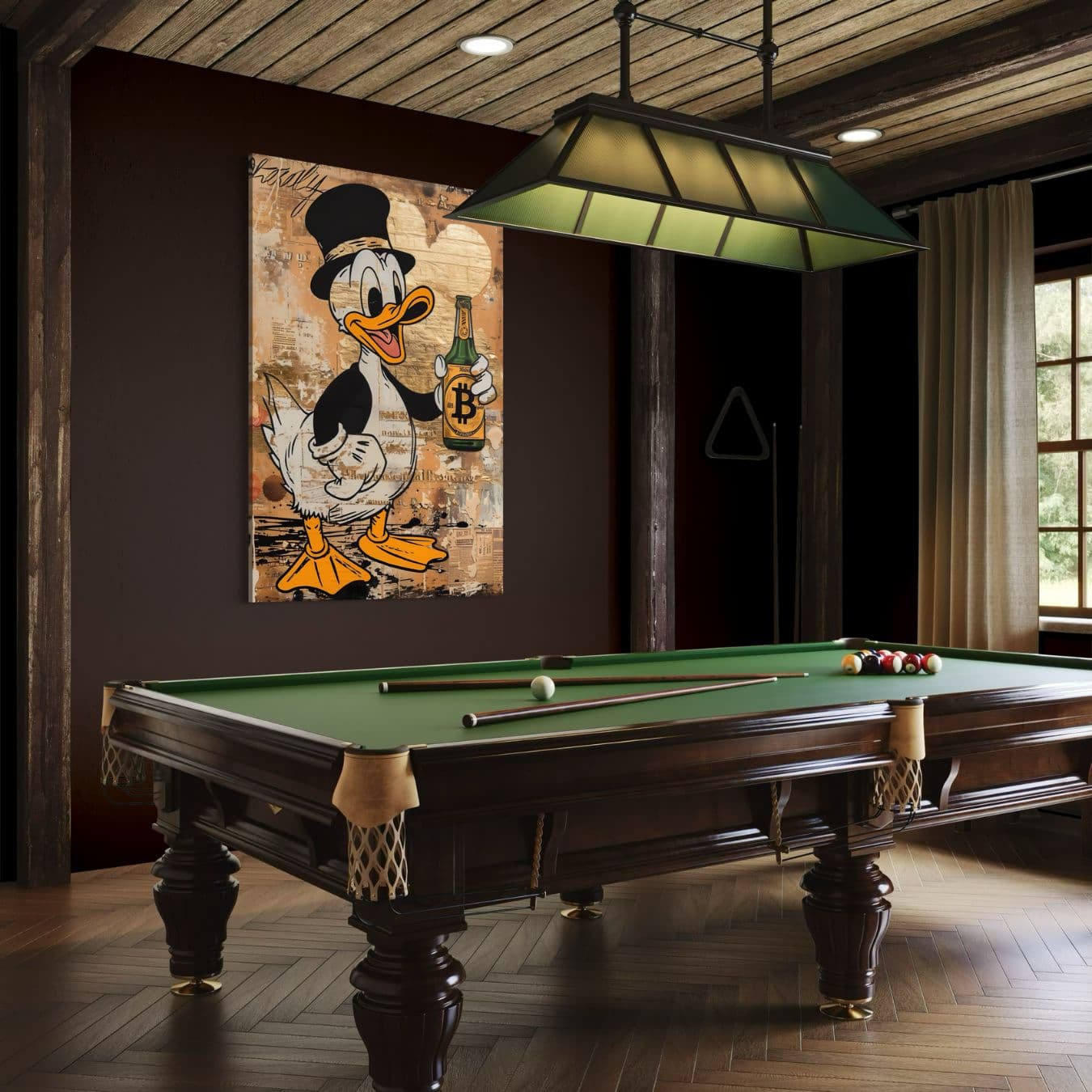 Plexiglas wanddecoratie van donald duck mt bitcoin fles in biljartkamer